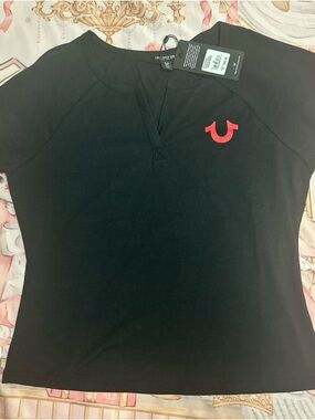True Religion Black Tee with Red Horseshoe Chest Logo